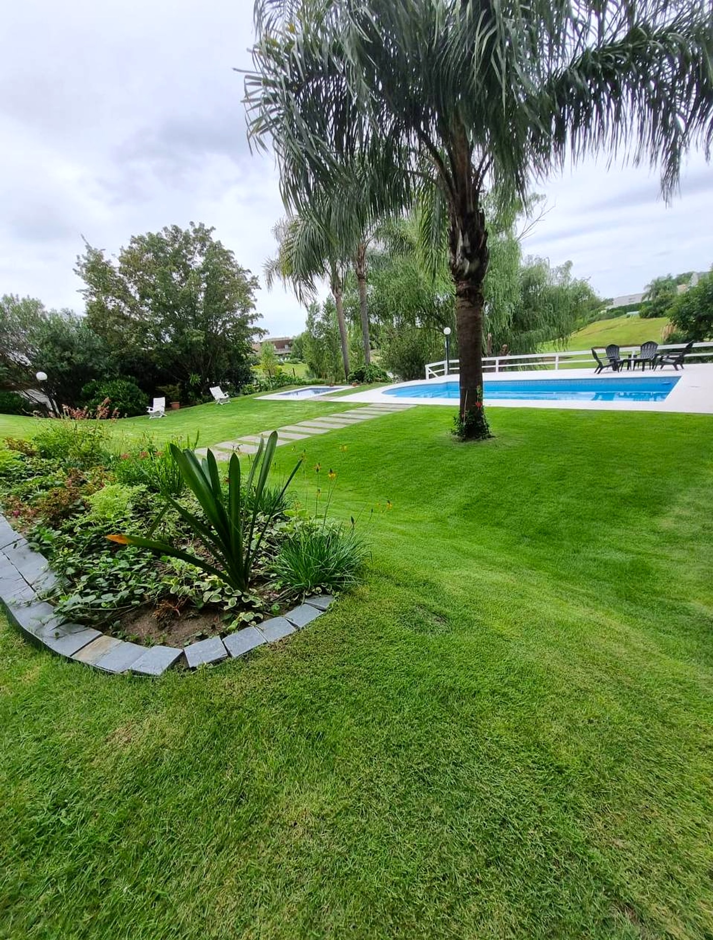 Jardín con césped, palmeras y pileta